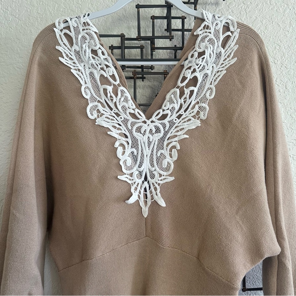Beige Knit Sweater Dress with Lace Back Bodycon Size L - Picture 10 of 10